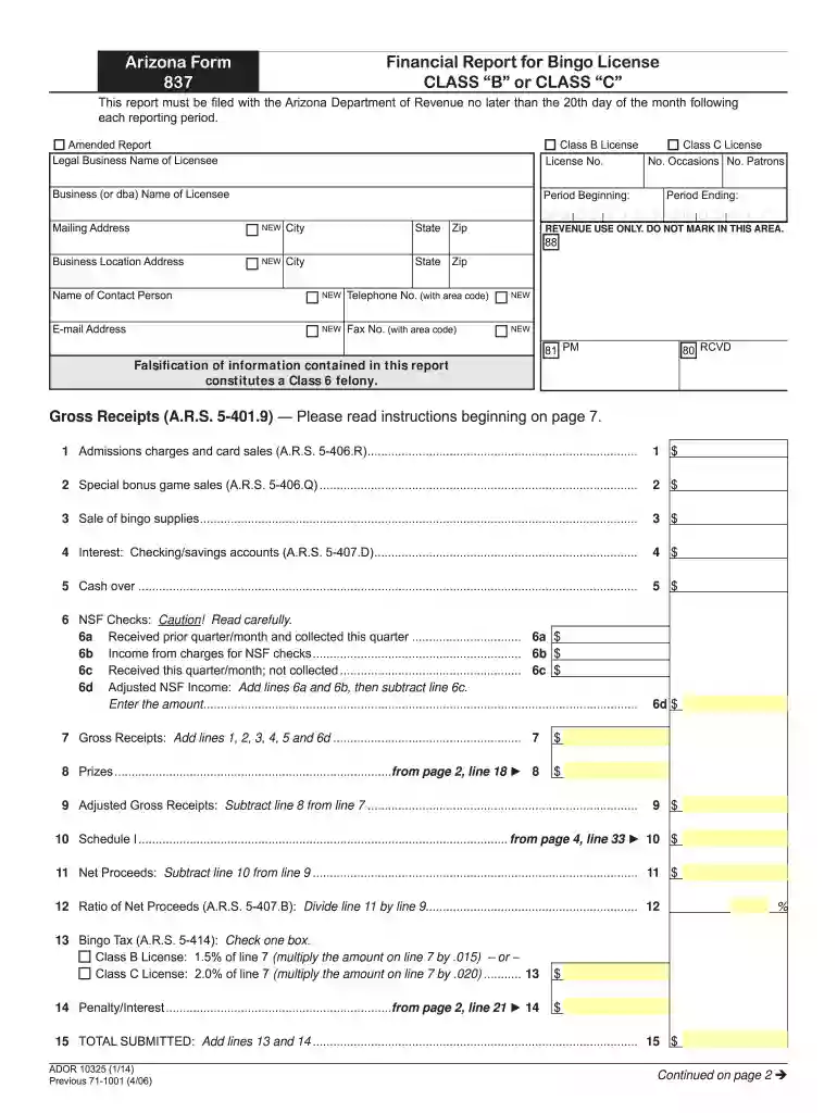 arizona bingo tax form 837 Preview on Page 1