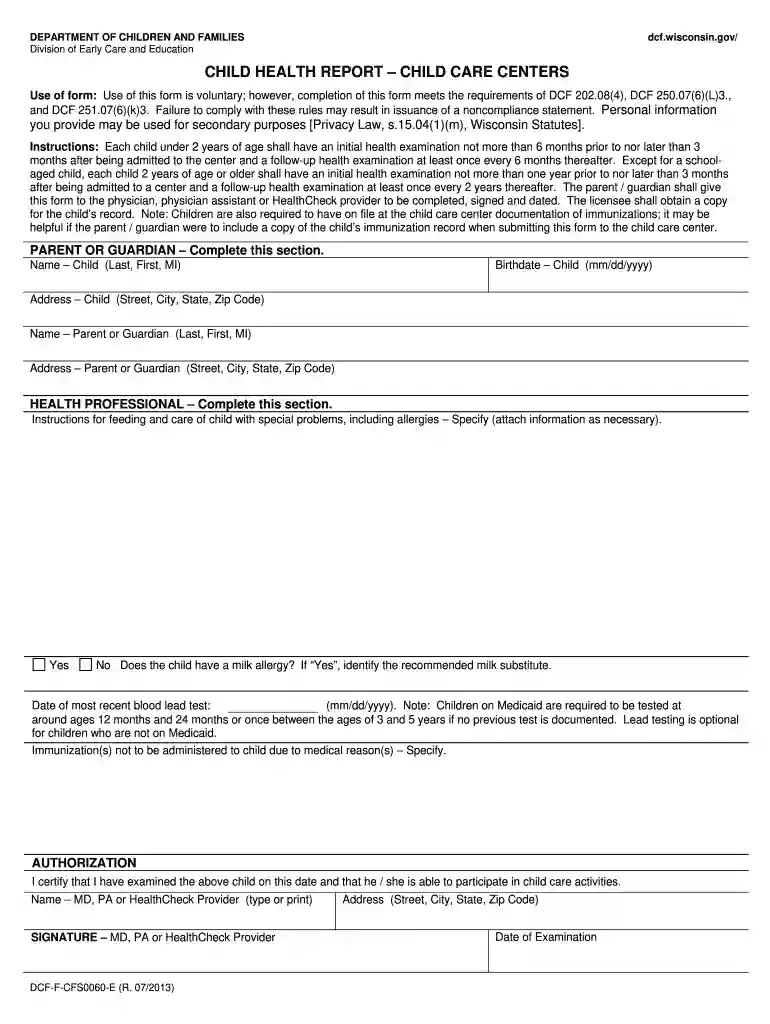 wisconsin daycare form pdf Preview on Page 1