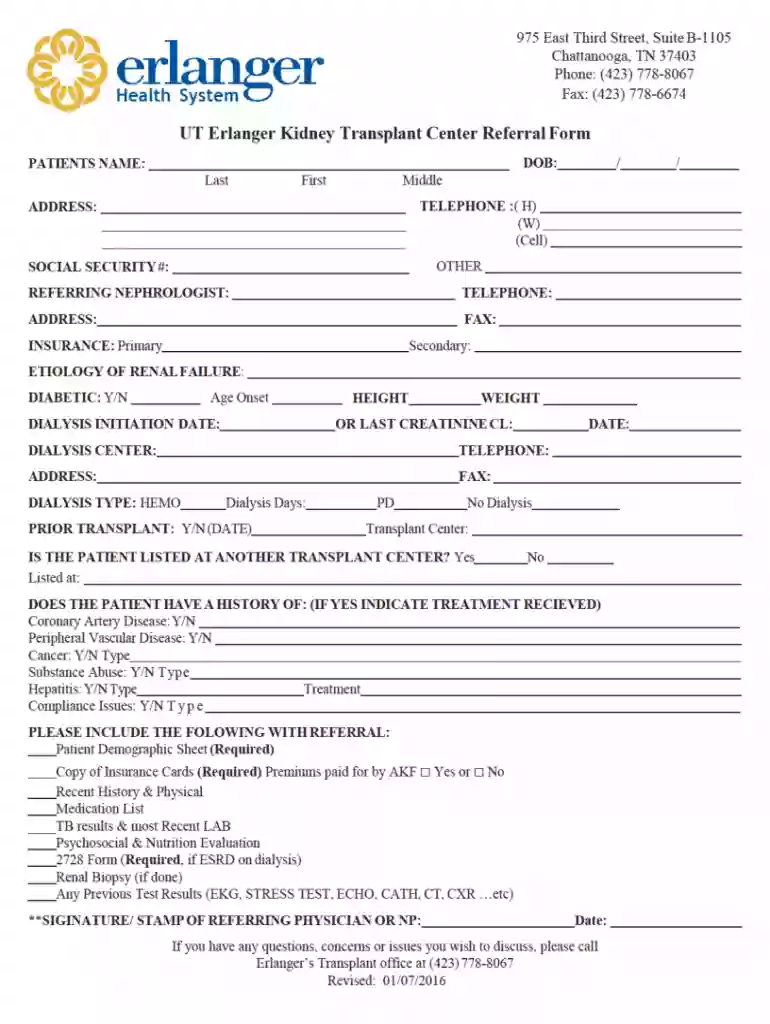 erlanger kidney transplant referral form Preview on Page 1