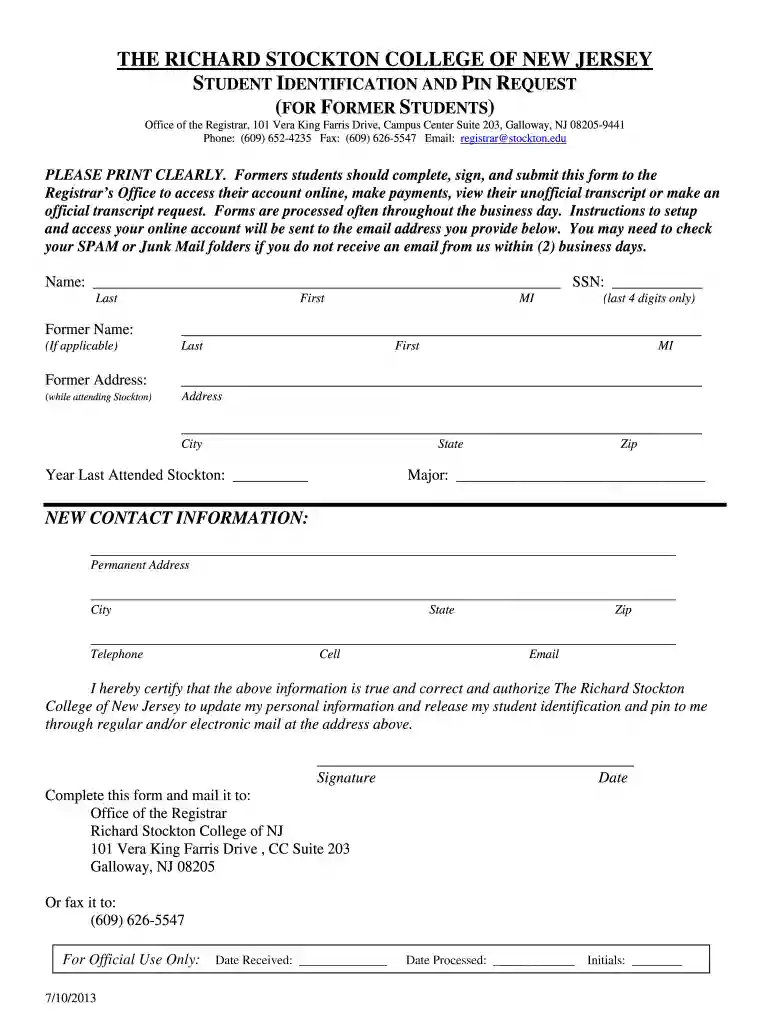 Student ID & PIN Request - Richard Stockton College of New Jersey - intraweb stockton Preview on Page 1