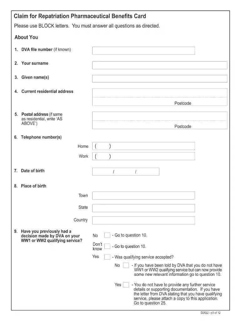 D2622 Claim for a Repatriation Pharmaceutical Benefits Card D2622 Claim for a Repatriation Pharmaceu Preview on Page 1
