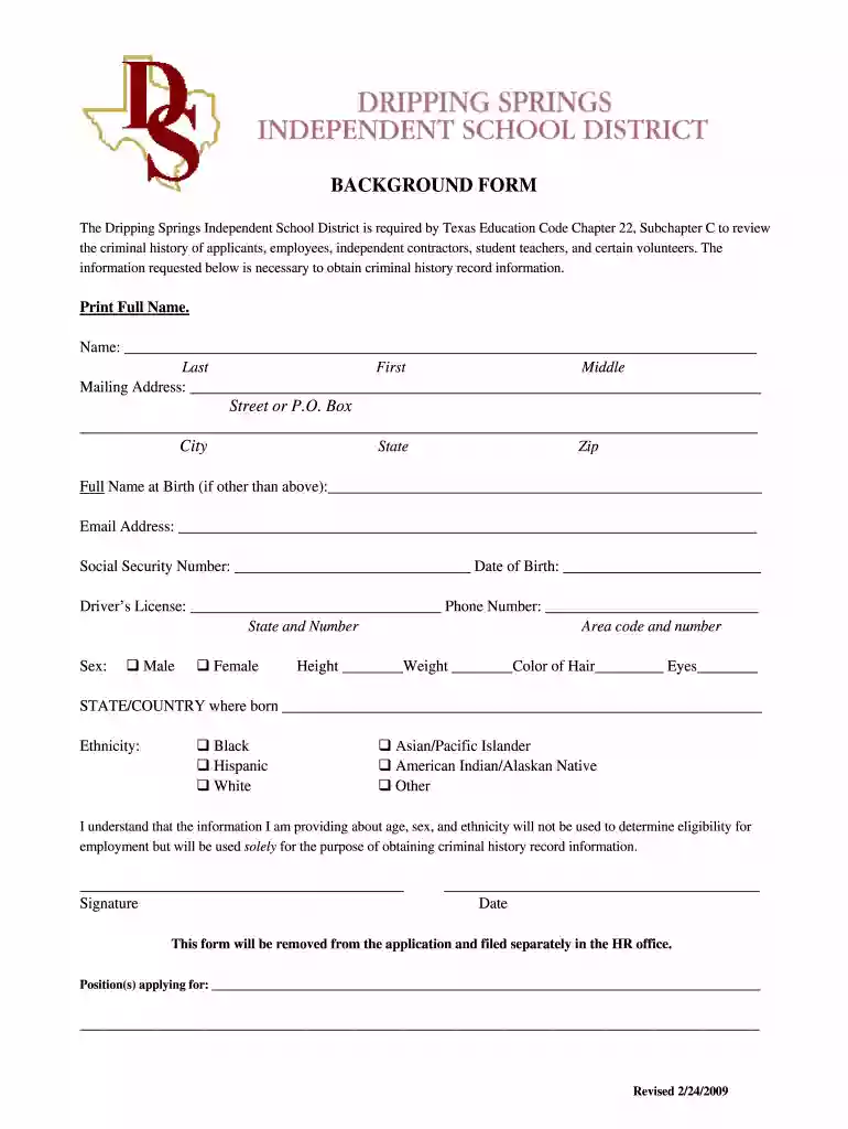Dripping Springs ISD Background Check form - education txstate Preview on Page 1
