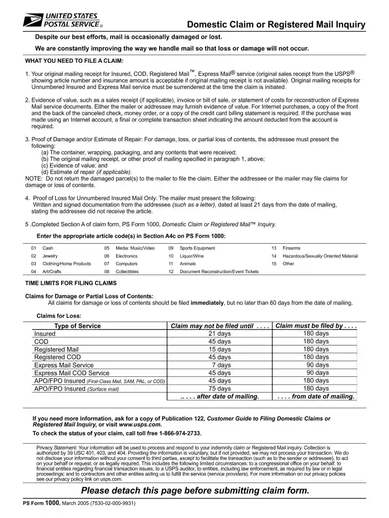 ps form 1000 printable Preview on Page 1