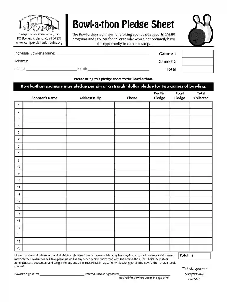bowl a thon pledge sheet Preview on Page 1