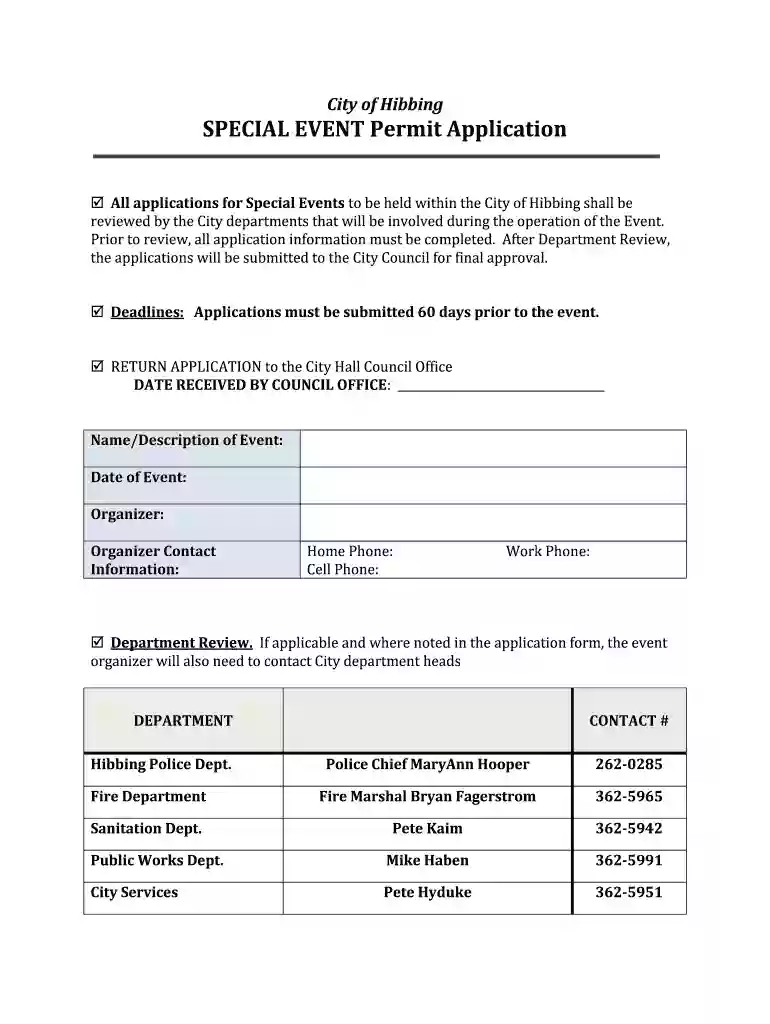 City of Hibbing SPECIAL EVENT Permit Application Preview on Page 1