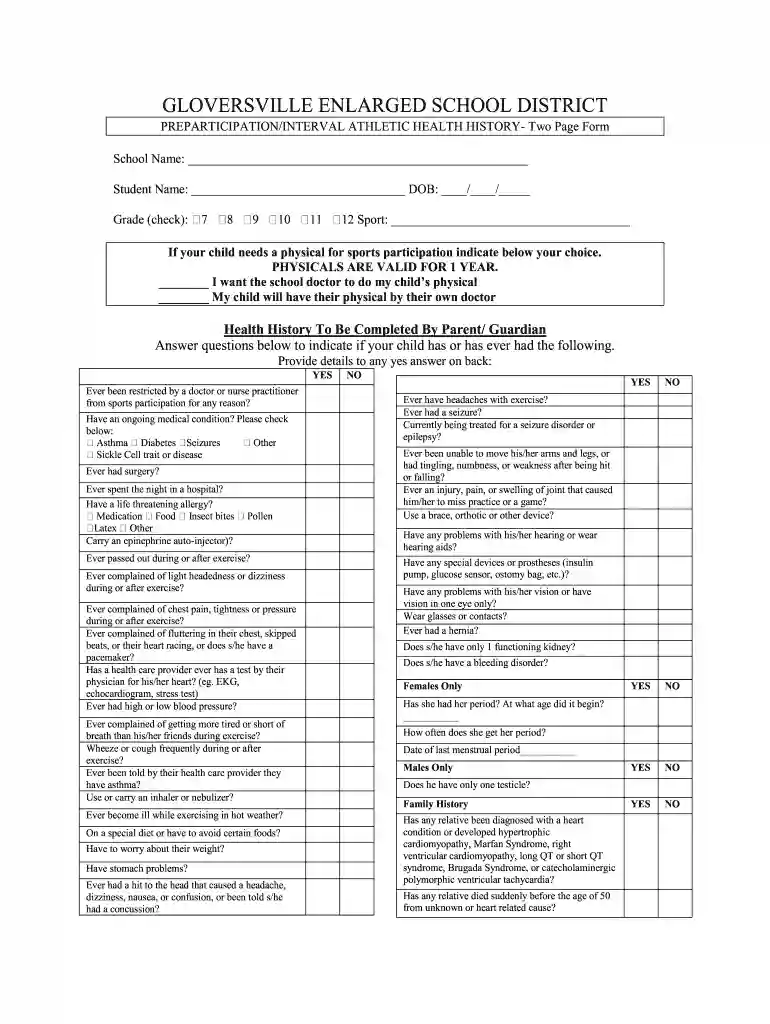 athletic health history form Preview on Page 1