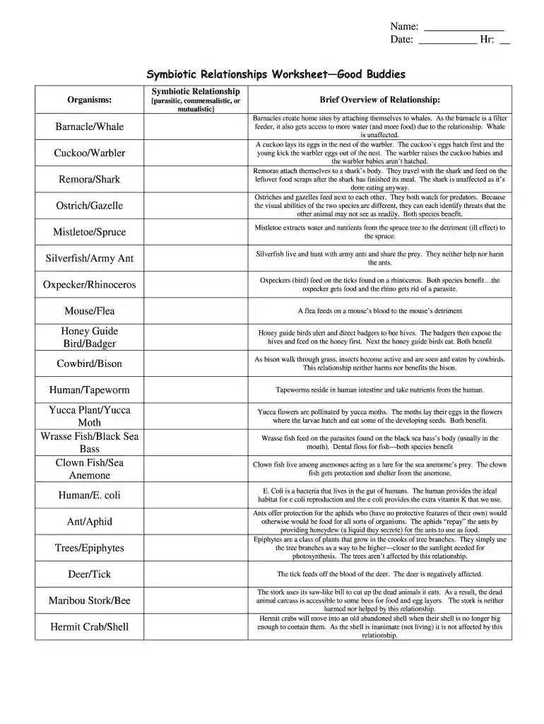 symbiotic relationship worksheet Preview on Page 1