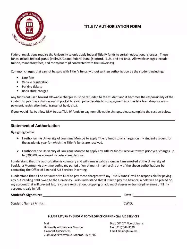 title iv authorization form Preview on Page 1