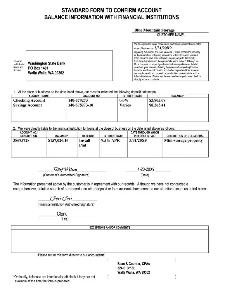 standard form to confirm account balance information with financial institutions Preview on Page 1
