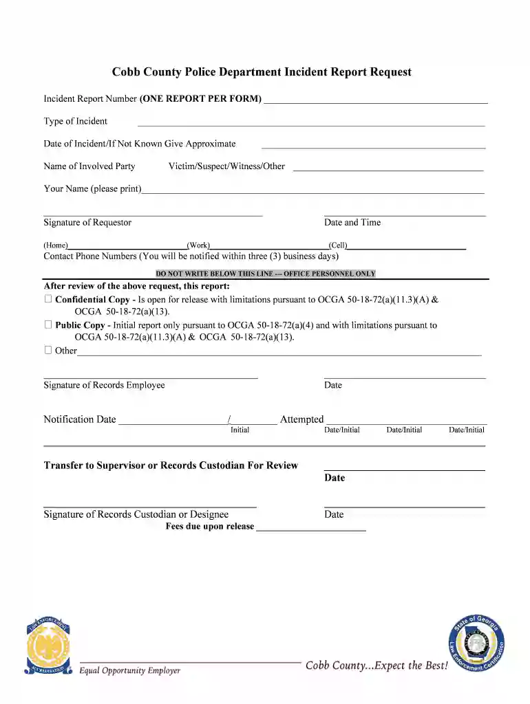Cobb County Police Department Incident Report Request Preview on Page 1
