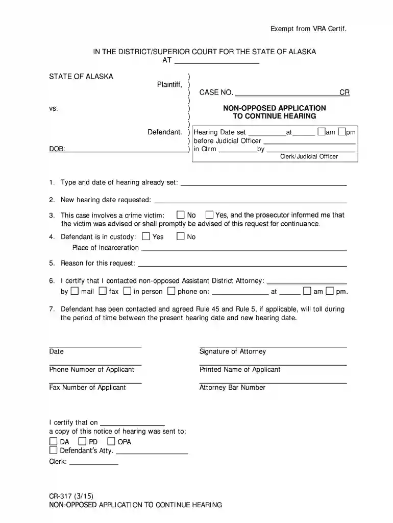 CR-317 Non-Opposed Application to Continue Hearing 3-15 Fill-in Criminal Forms Preview on Page 1