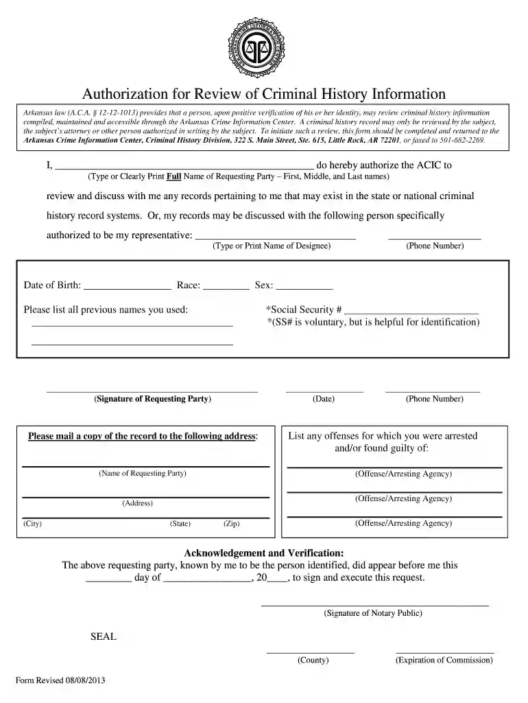 Authorization for Review of Criminal History Information - acic Preview on Page 1