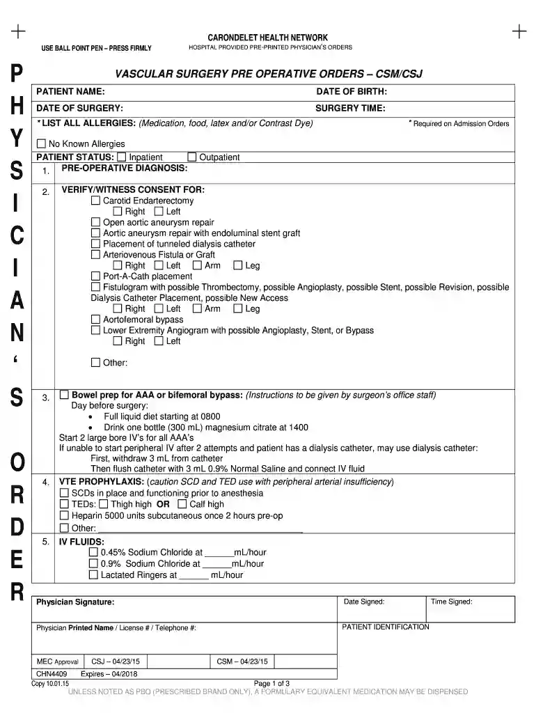 VASCULAR SURGERY PRE OPERATIVE ORDERS CSMCSJ - dr carondelet Preview on Page 1