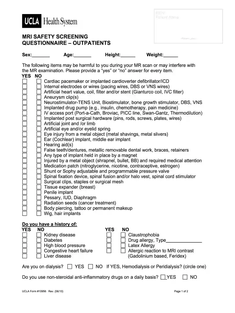 mri questionnaire form Preview on Page 1