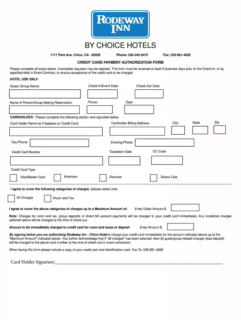 credit card authorization form hotel Preview on Page 1