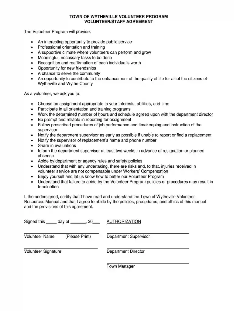 TOWN OF WYTHEVILLE VOLUNTEER PROGRAM VOLUNTEERSTAFF AGREEMENT Preview on Page 1