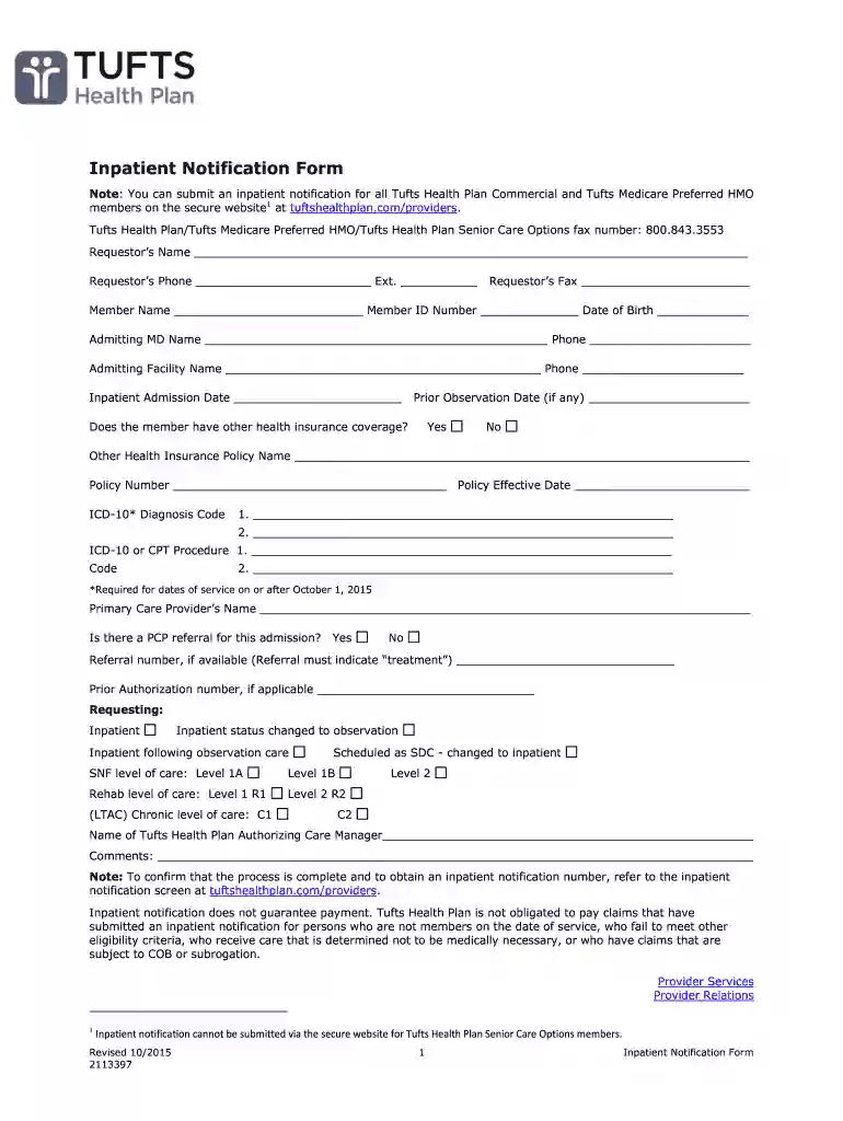 tufts inpatient notification form Preview on Page 1