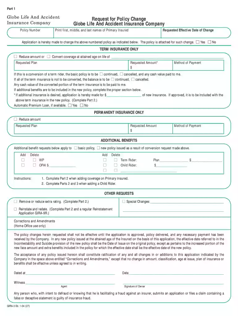 globe life change of ownership form Preview on Page 1