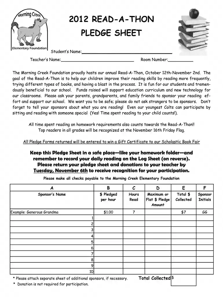 read a thon pledge sheet Preview on Page 1