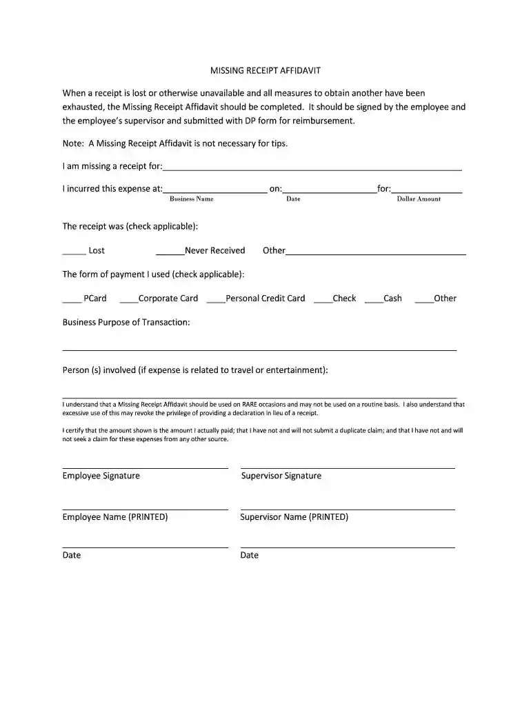 missing receipt affidavit Preview on Page 1