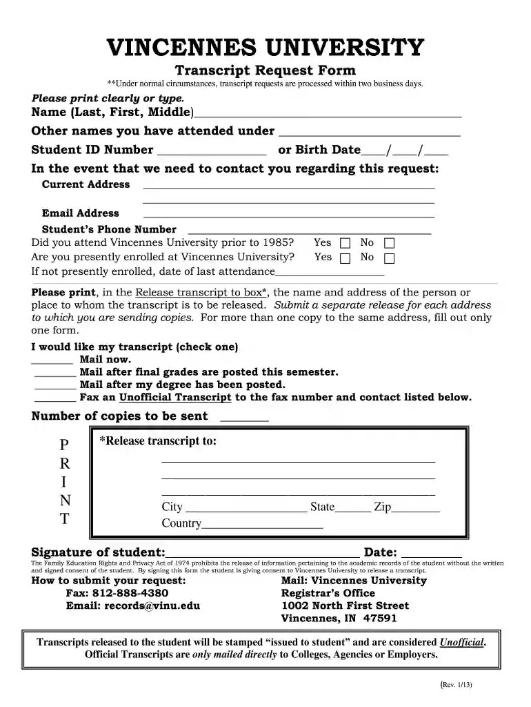 vincennes university transcripts Preview on Page 1