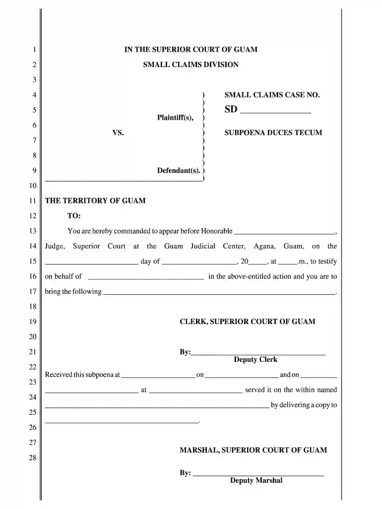 Small Claims Court - Subpoena Duces Tecum Subpoena Duces Tecum - guamselfhelp Preview on Page 1