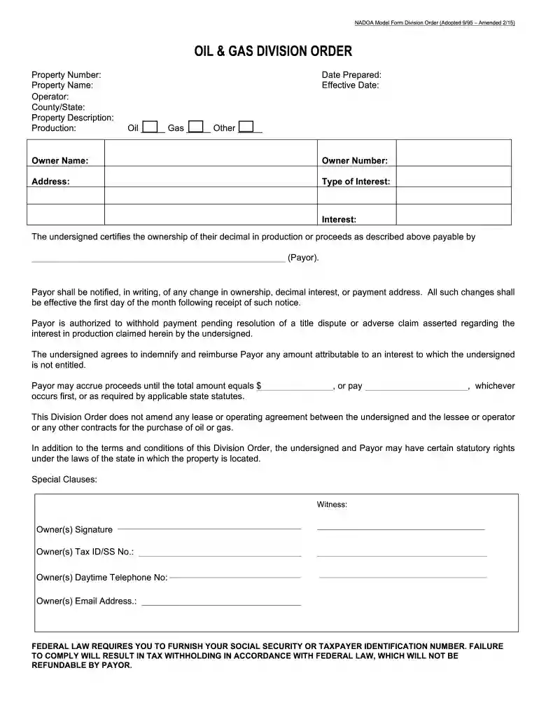 Division Order Model Blank Form 2015 - nadoa Preview on Page 1