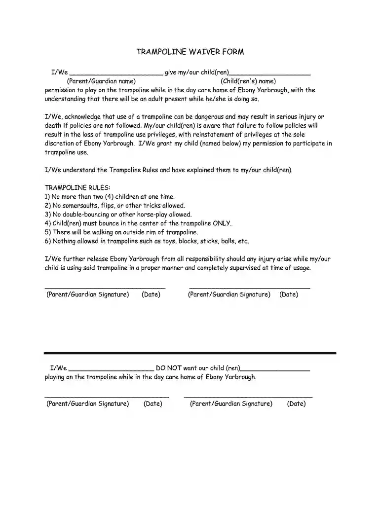 trampoline waiver form for home use Preview on Page 1