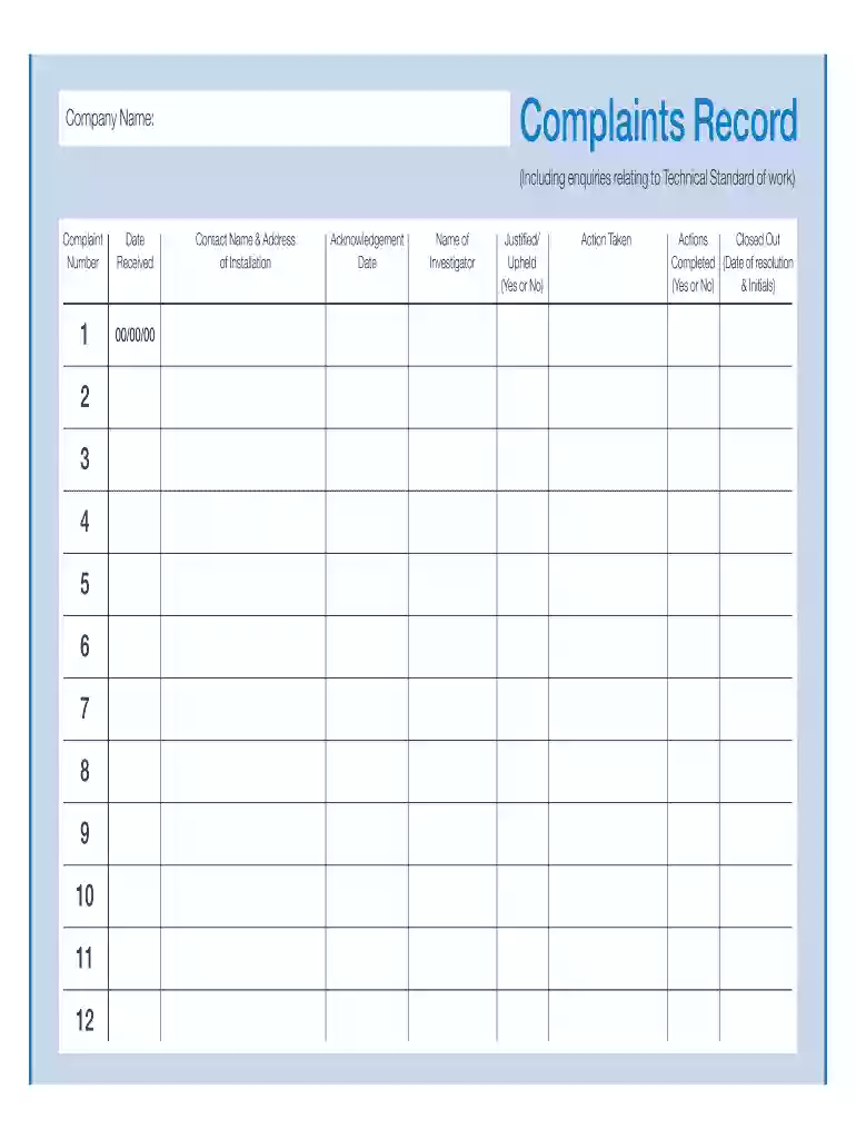 complaint log template Preview on Page 1
