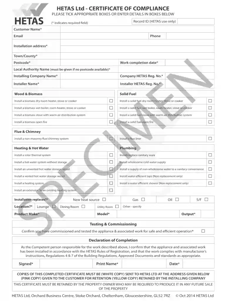 hetas commissioning sheet Preview on Page 1