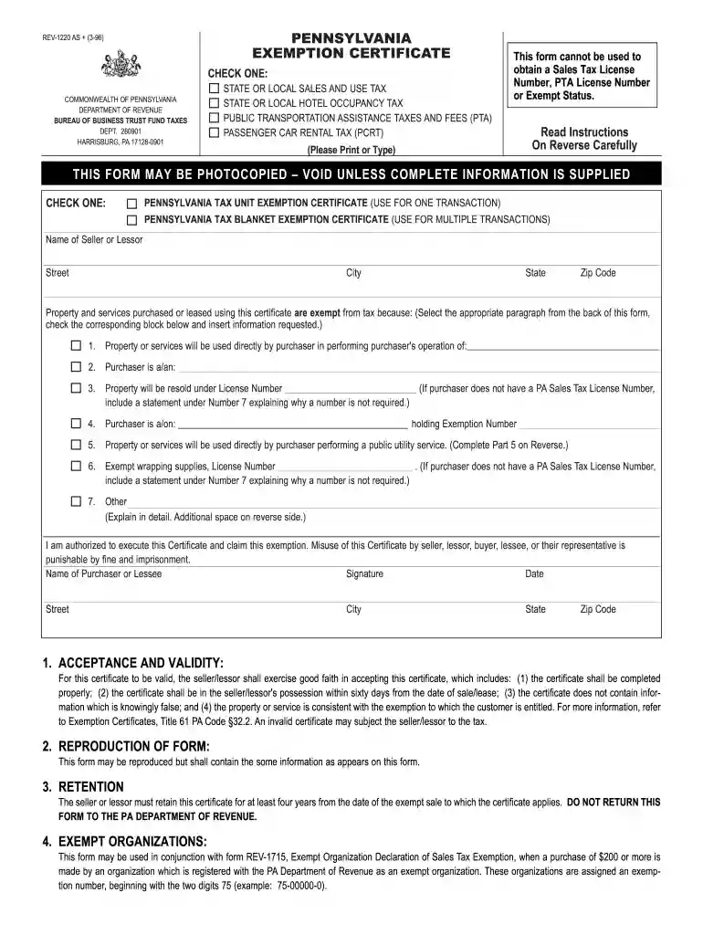 pa tax exempt form Preview on Page 1