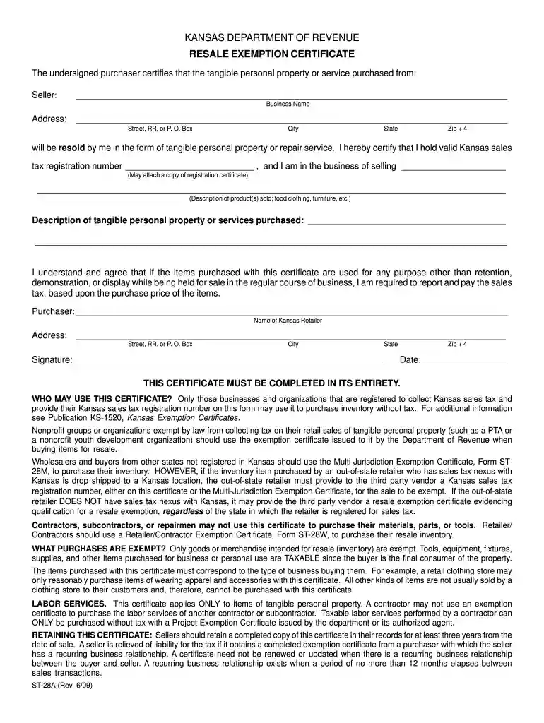 kansas resale certificate Preview on Page 1