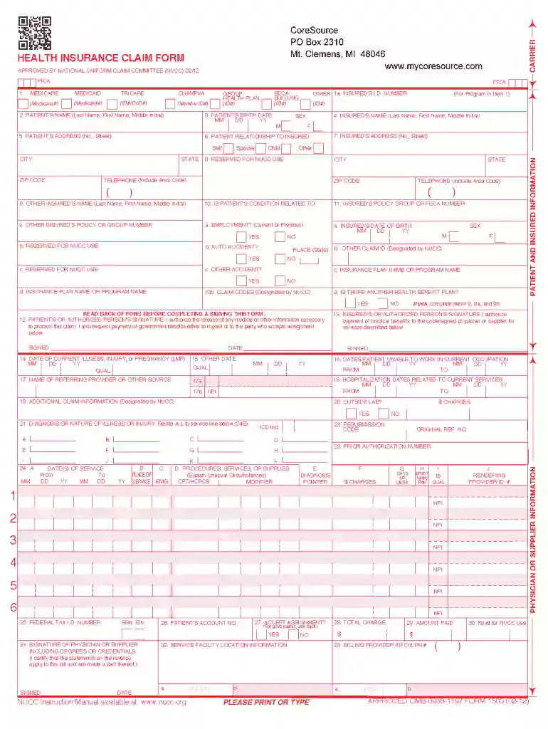 cms 1500 fillable form Preview on Page 1