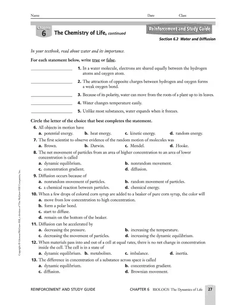 chemistry of life worksheet Preview on Page 1