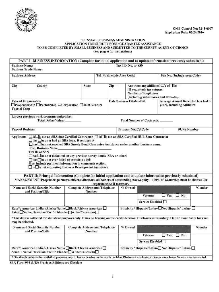 sba form 994 Preview on Page 1