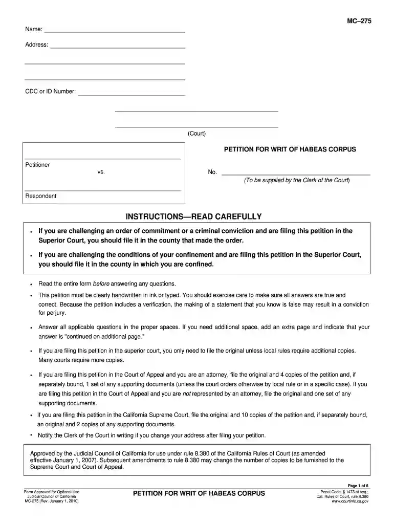 writ corpus 2010 form Preview on Page 1