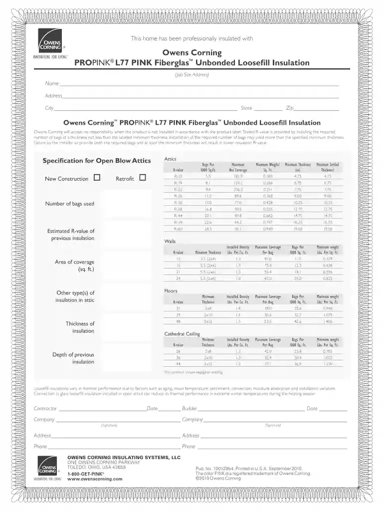 owens corning insulation certificate Preview on Page 1