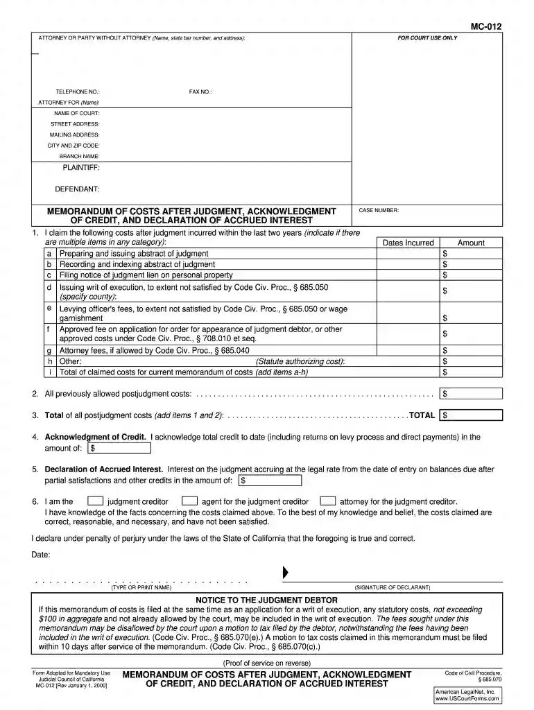 memorandum of costs Preview on Page 1