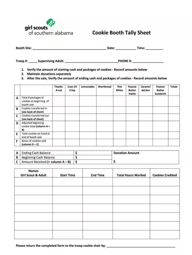 cookie booth tally sheet Preview on Page 1