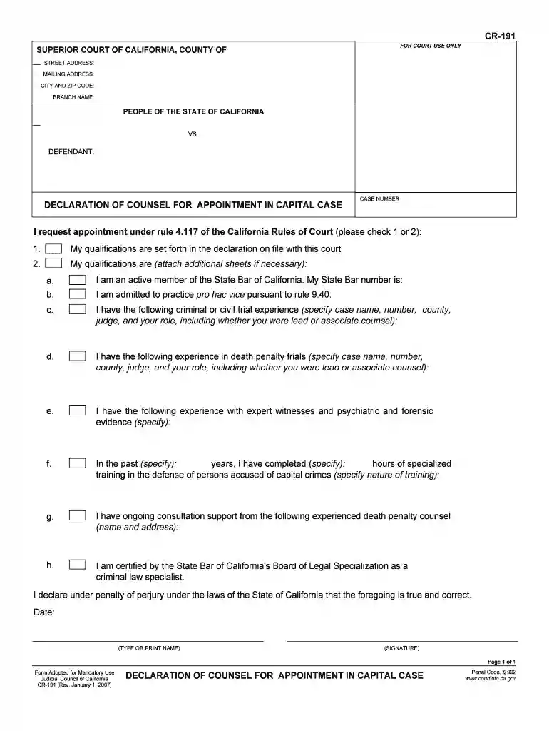 CR-191 Declaration of Counsel for Appointment in Capital Case. Judicial Council forms - courts ca Preview on Page 1