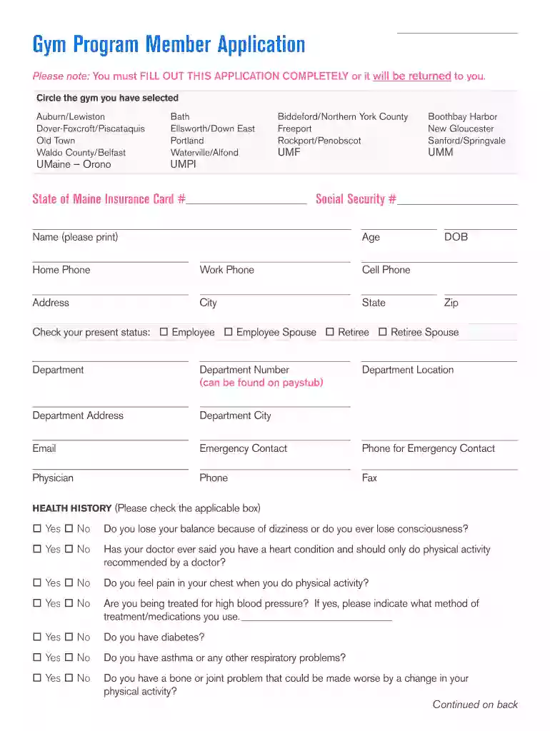 gym membership form sample Preview on Page 1