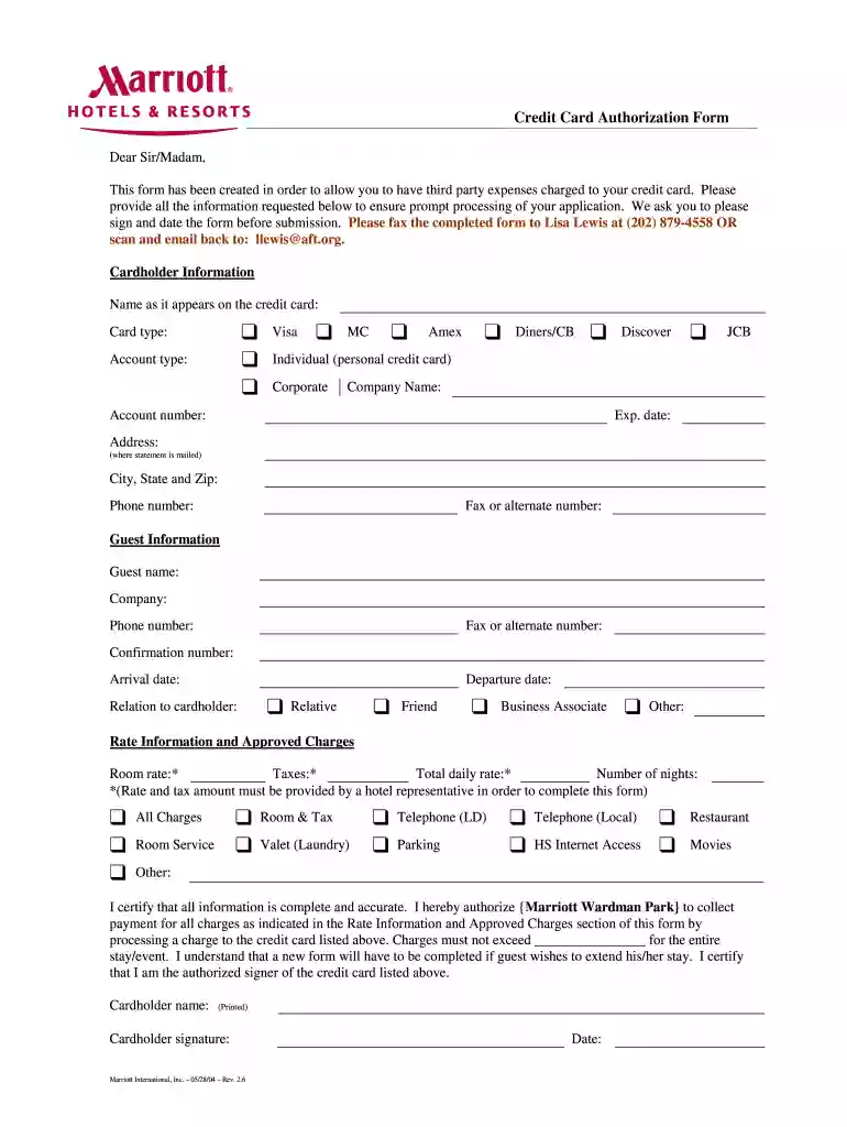 credit card authorization form marriott Preview on Page 1