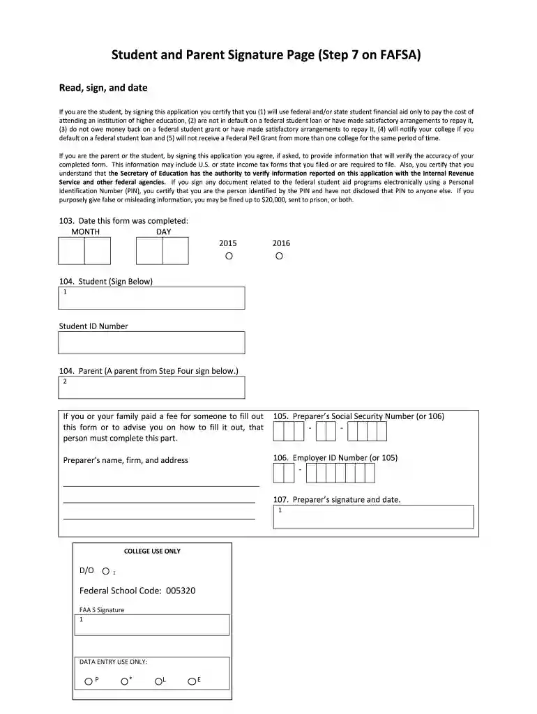 fafsa parent signature page Preview on Page 1