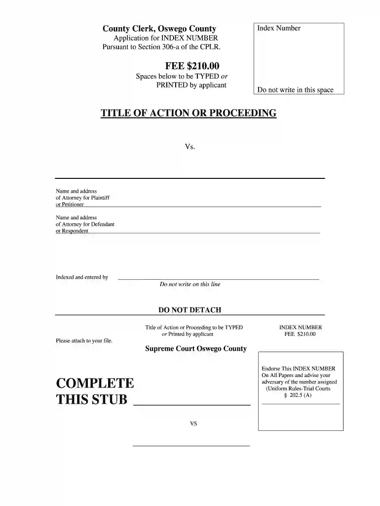 Download the Index Number Application Form - Oswego County - co oswego ny Preview on Page 1