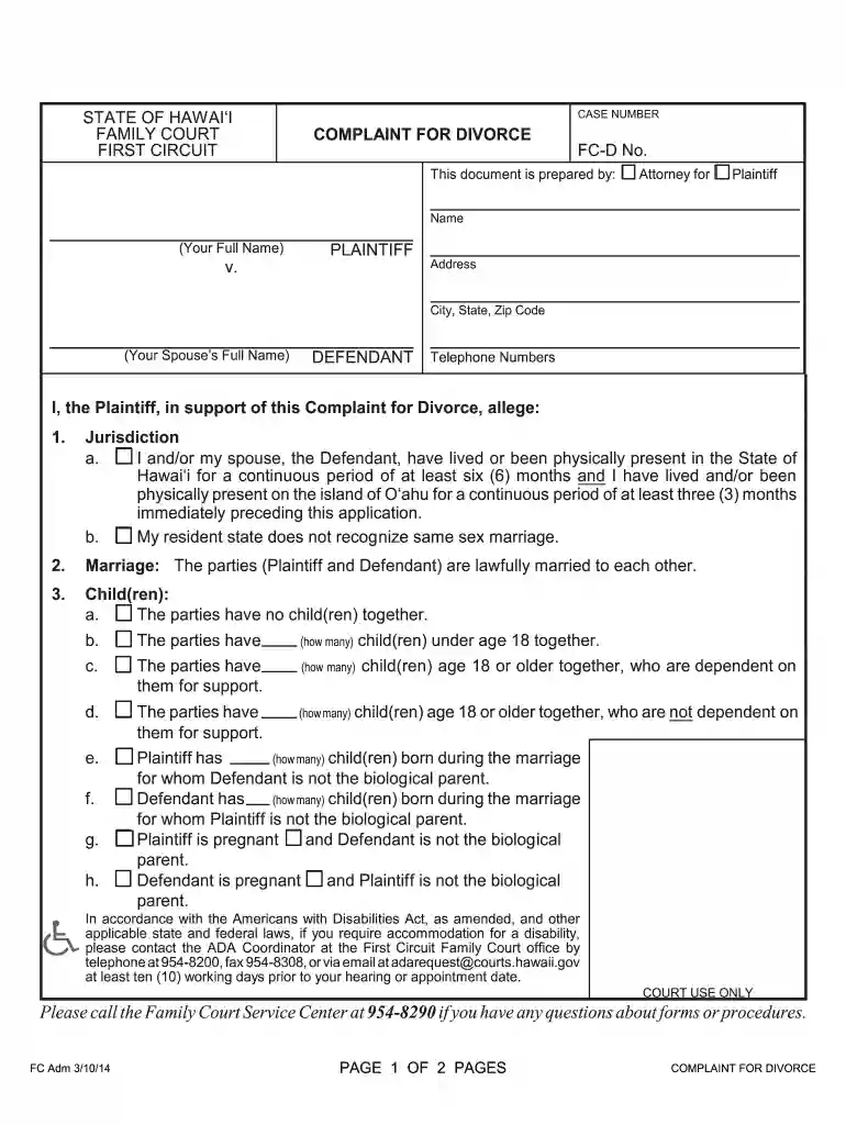 hawaii complaint divorce Preview on Page 1