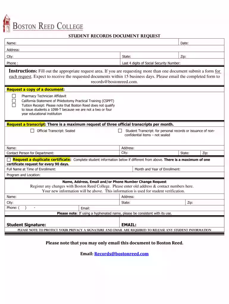 boston reed college transcript request Preview on Page 1