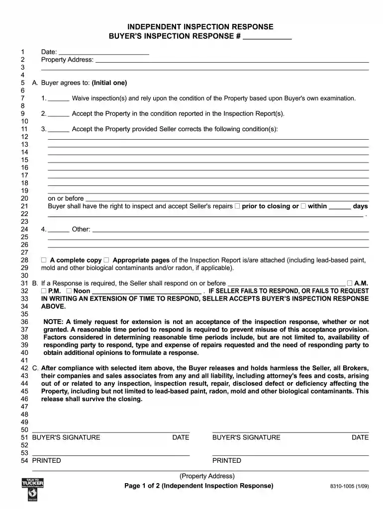 inspection response form Preview on Page 1