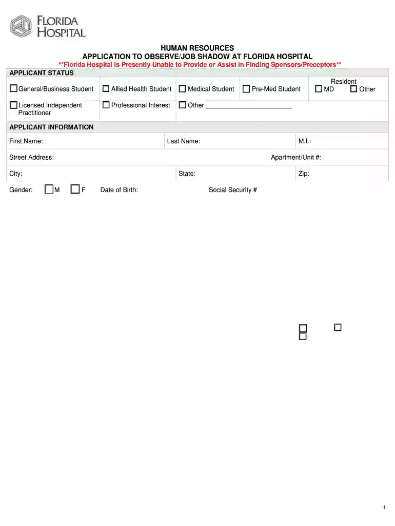 HUMAN RESOURCES APPLICATION TO OBSERVEJOB - Florida Hospital Preview on Page 1