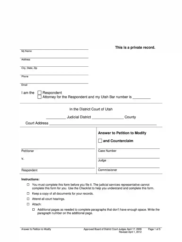 Answer to Petition to Modify - Utah State Courts - utcourts Preview on Page 1