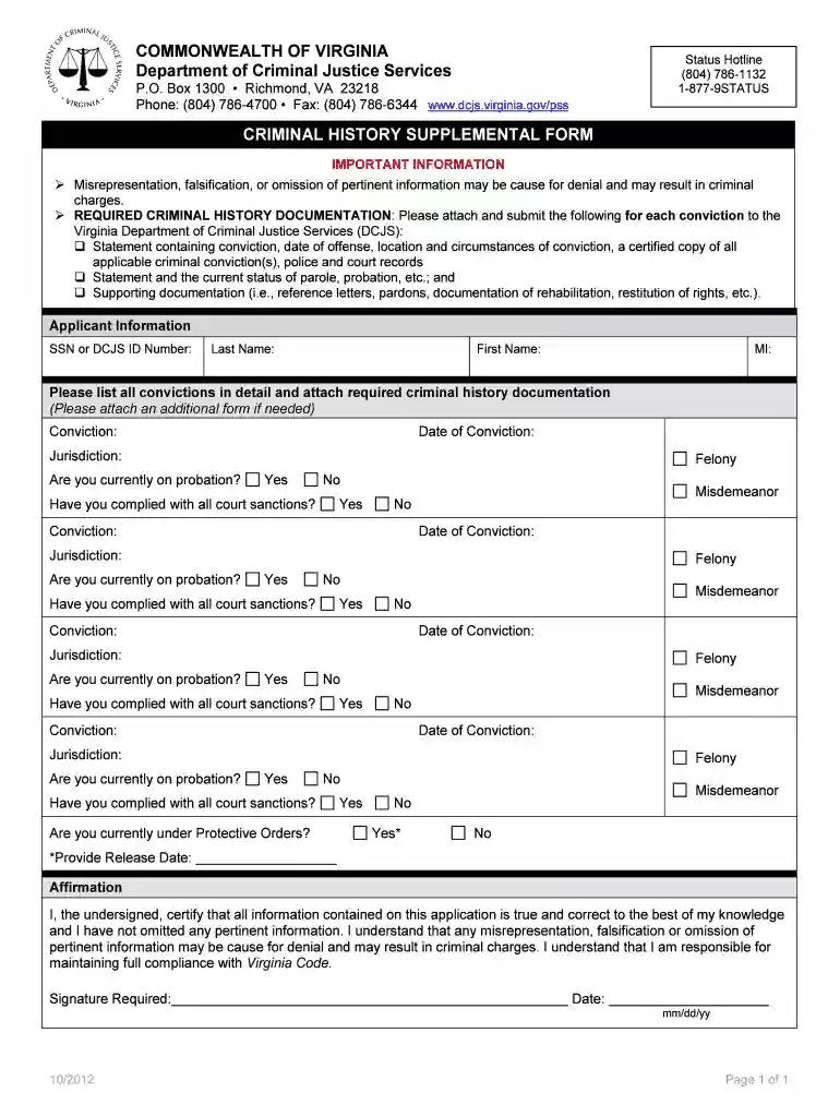 Criminal History Supplemental Form - Virginia Department of Preview on Page 1